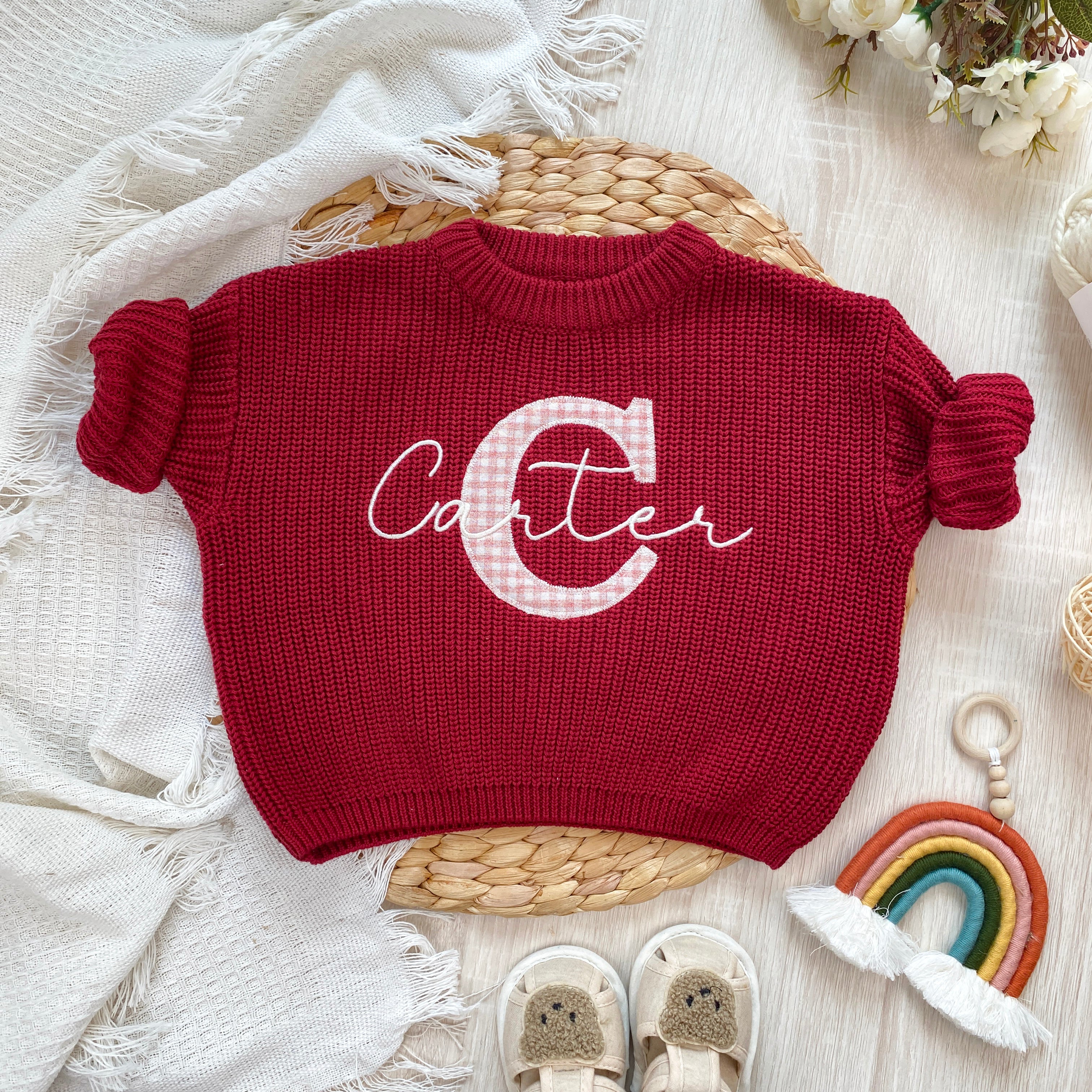 Embroidered custom name chunky knit baby sweater with applique initials