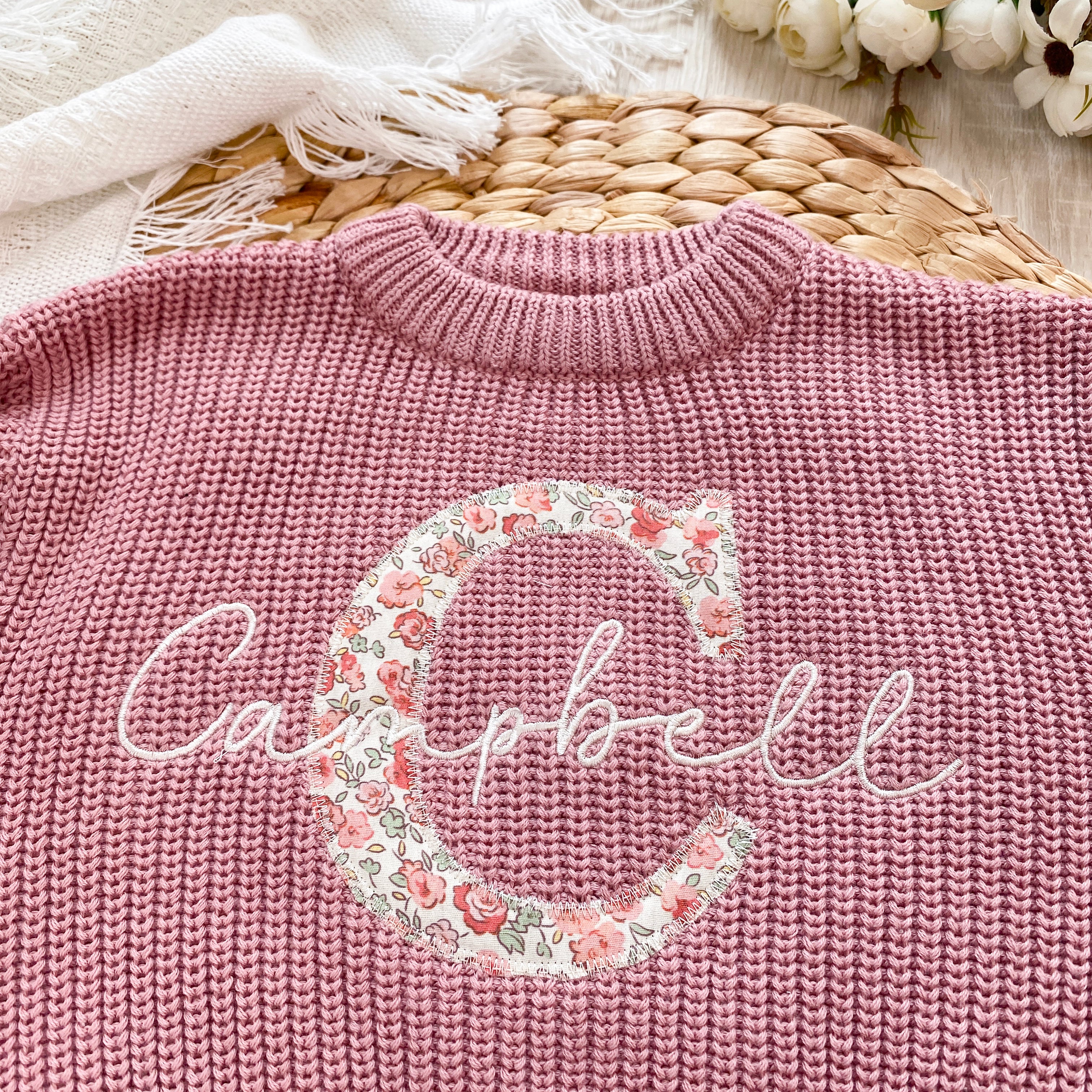Applique embroidered chunky knit baby sweaters with name
