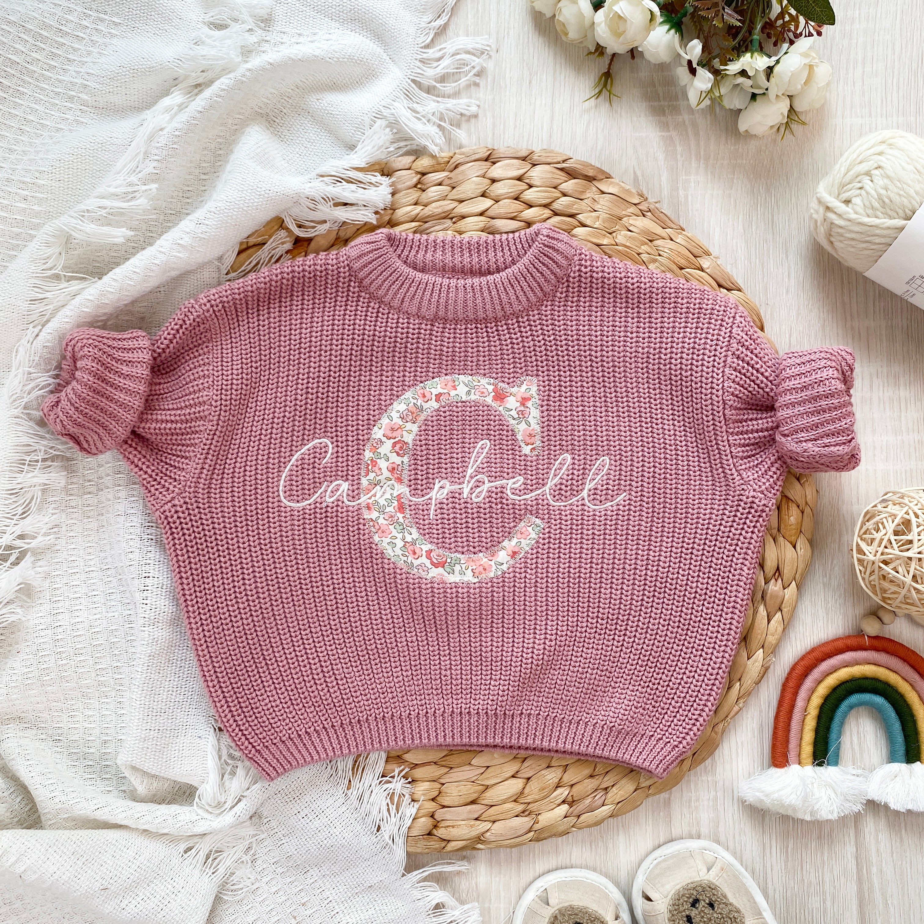 Applique embroidered chunky knit baby sweaters with name
