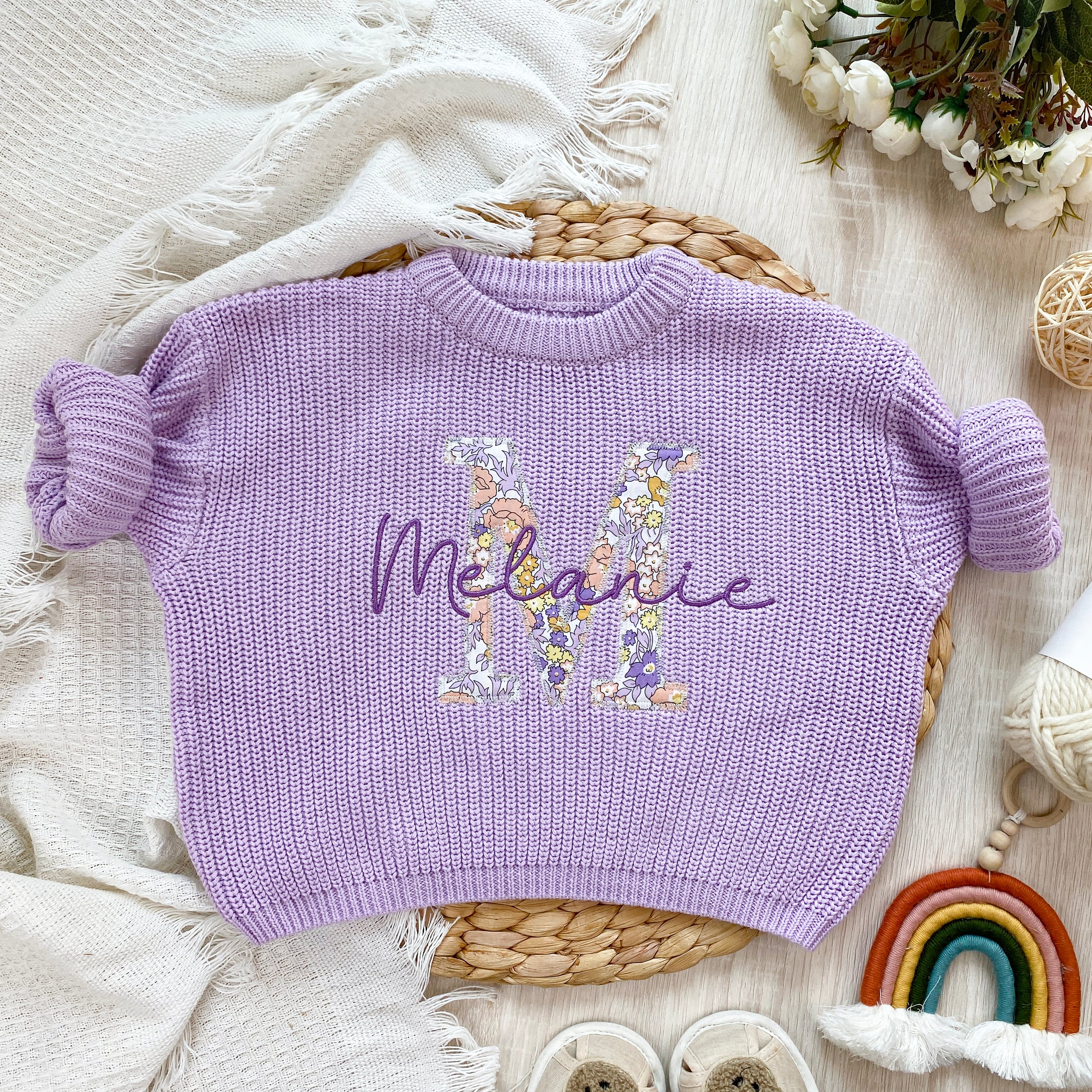Applique embroidered chunky knit baby sweater with initials and custom name