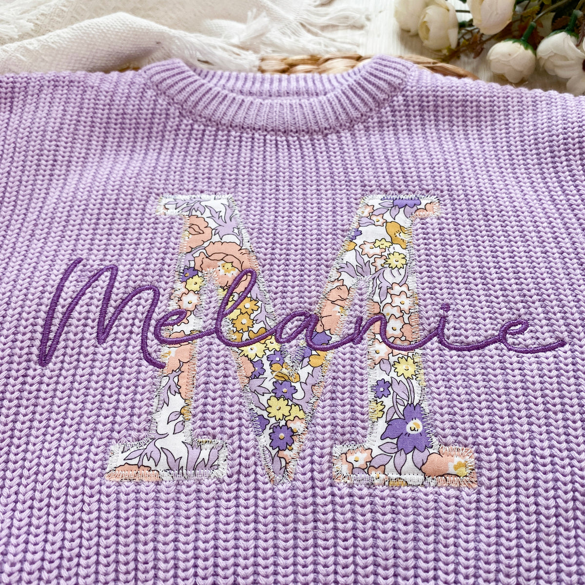 Baby sweaters with name, applique monogramed initials embroidered chunky knit sweaters