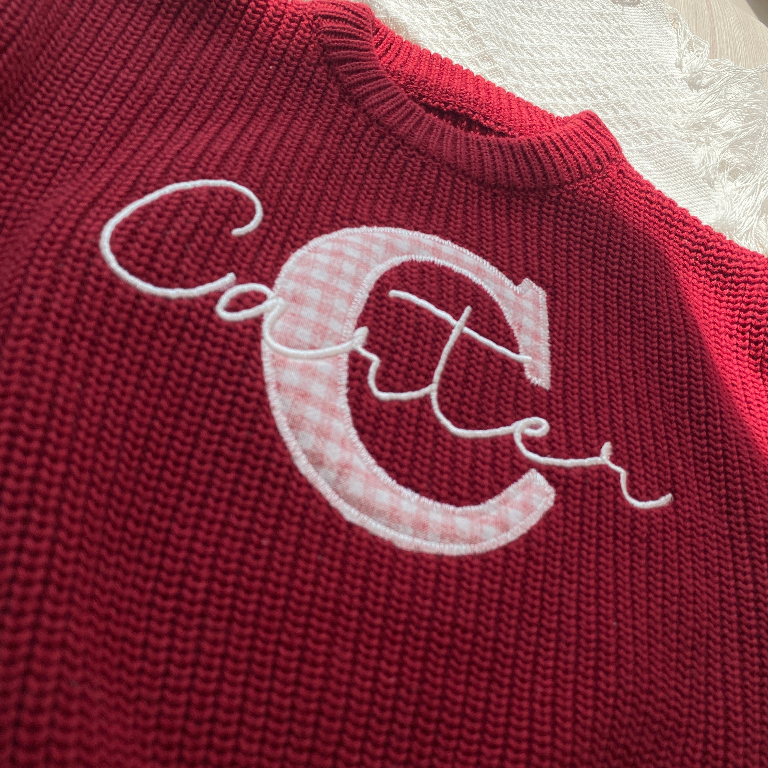 Embroidered custom name chunky knit baby sweater with applique initials