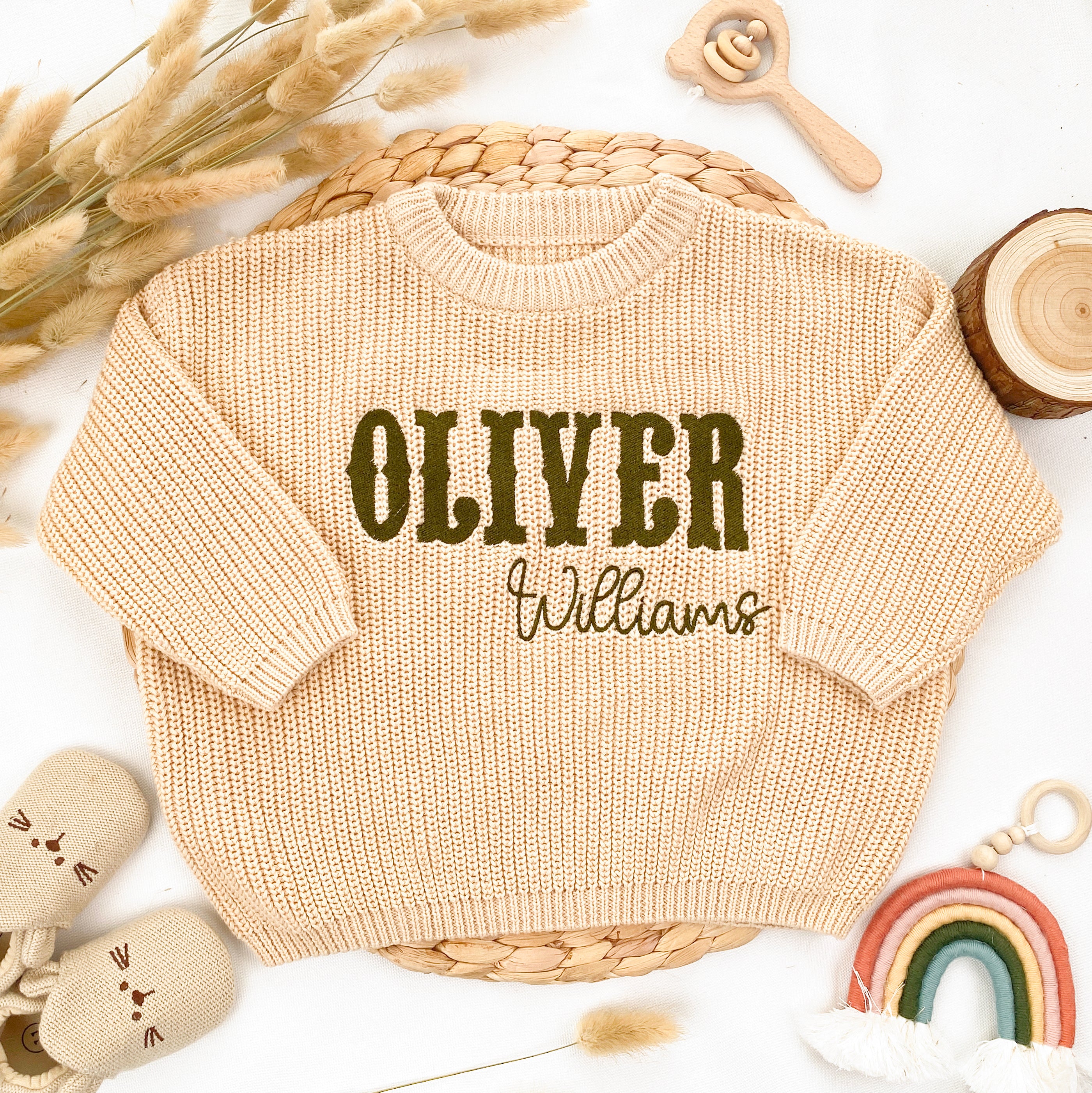 Embroidered Name Sweater – First Birthday Handmade Gift