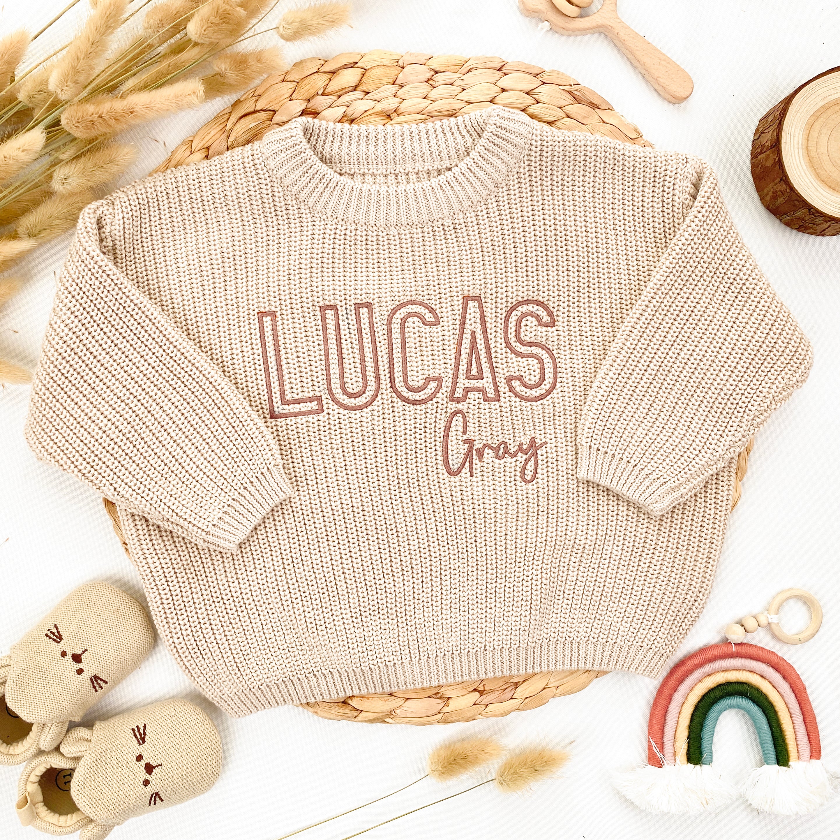 New Baby Gifts – Embroidered  Custom Name Handmade Sweaters & Baby Keepsakes