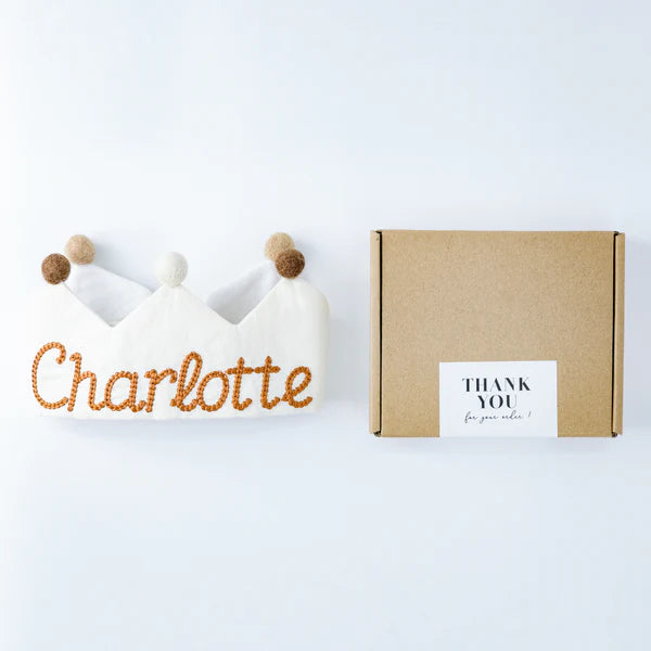 Custom name handmade embroidered linen first birthday crown