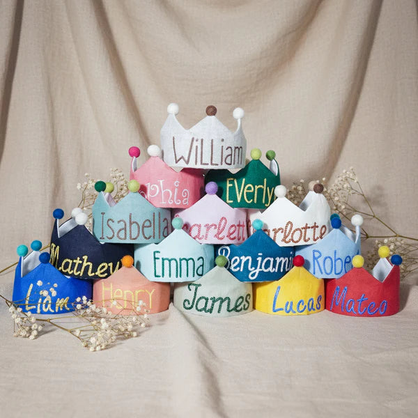 Custom name handmade embroidered linen first birthday crown