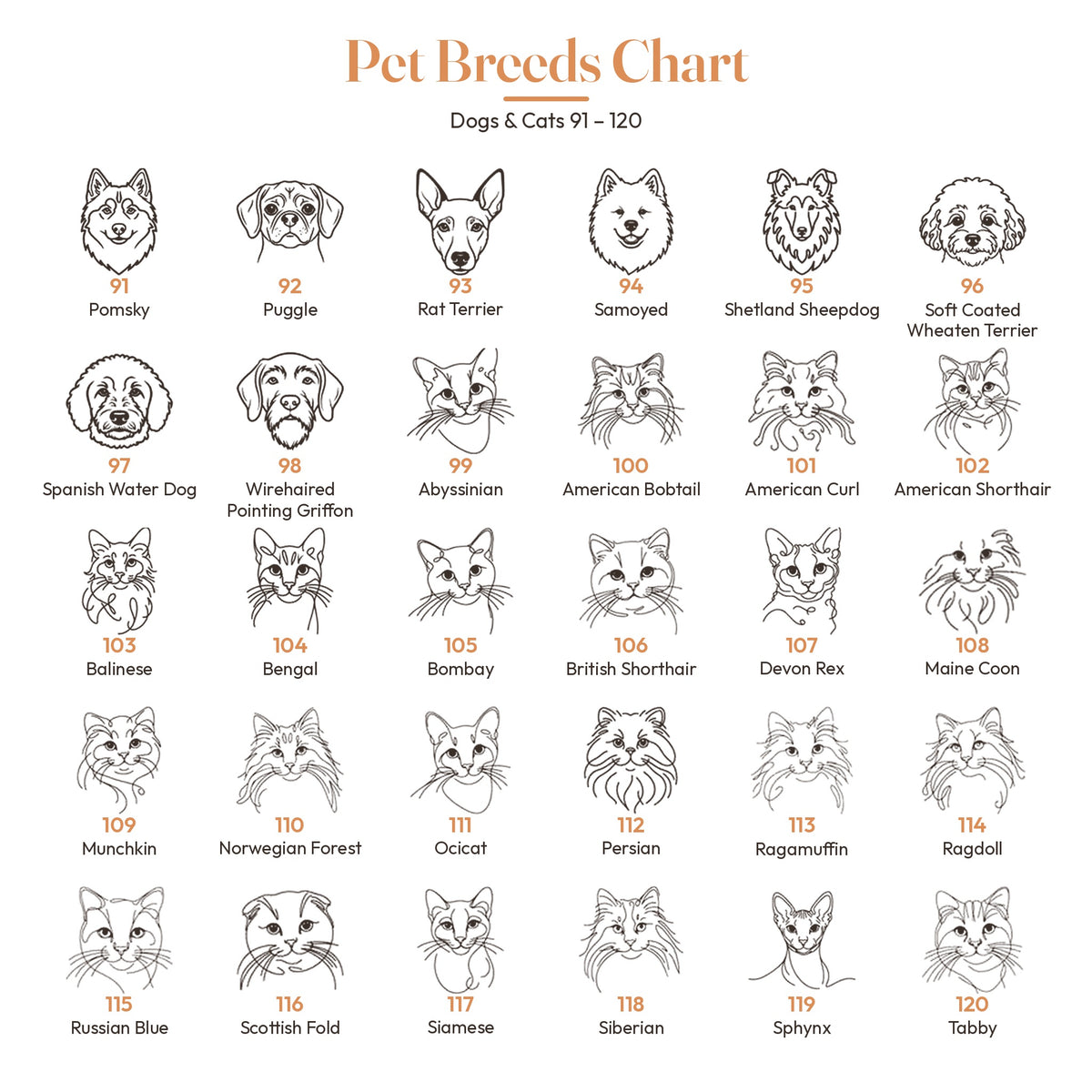 Dog and cat breed chart 91 to 120 for custom pet portrait embroidery