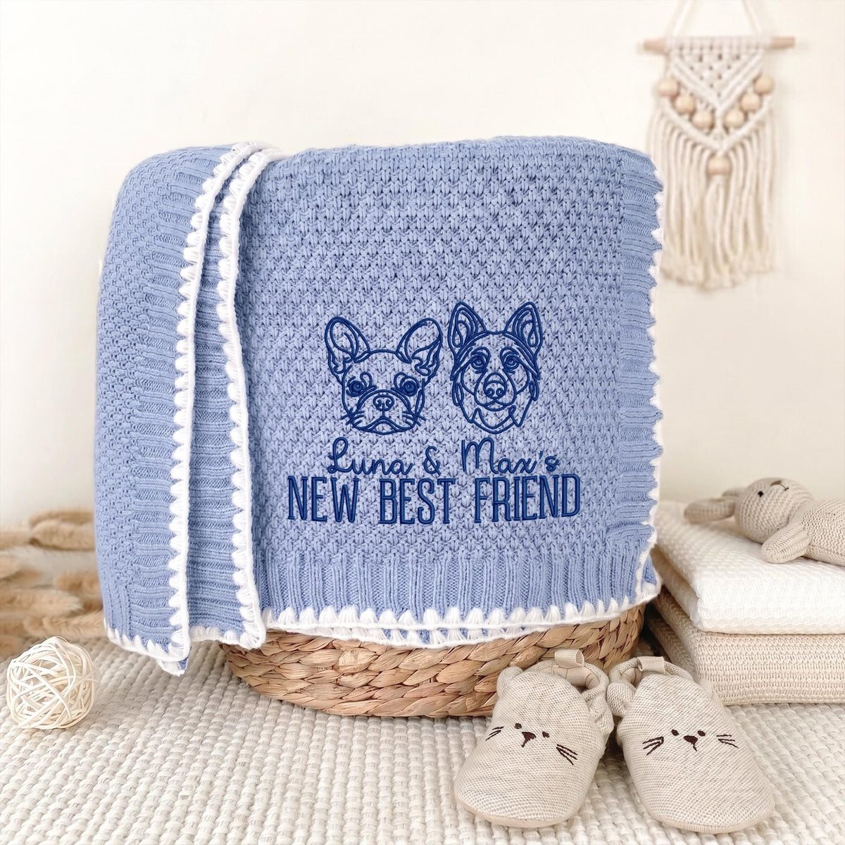Blue personalized new best friend baby blanket with navy embroidered dog, cat and pet names