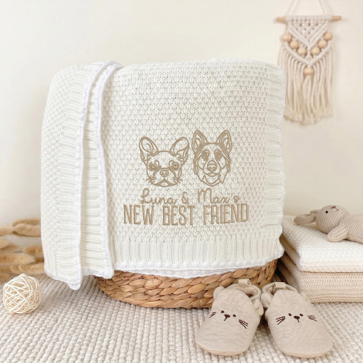 White personalized new best friend baby blanket with beige embroidered dog, cat and pet names