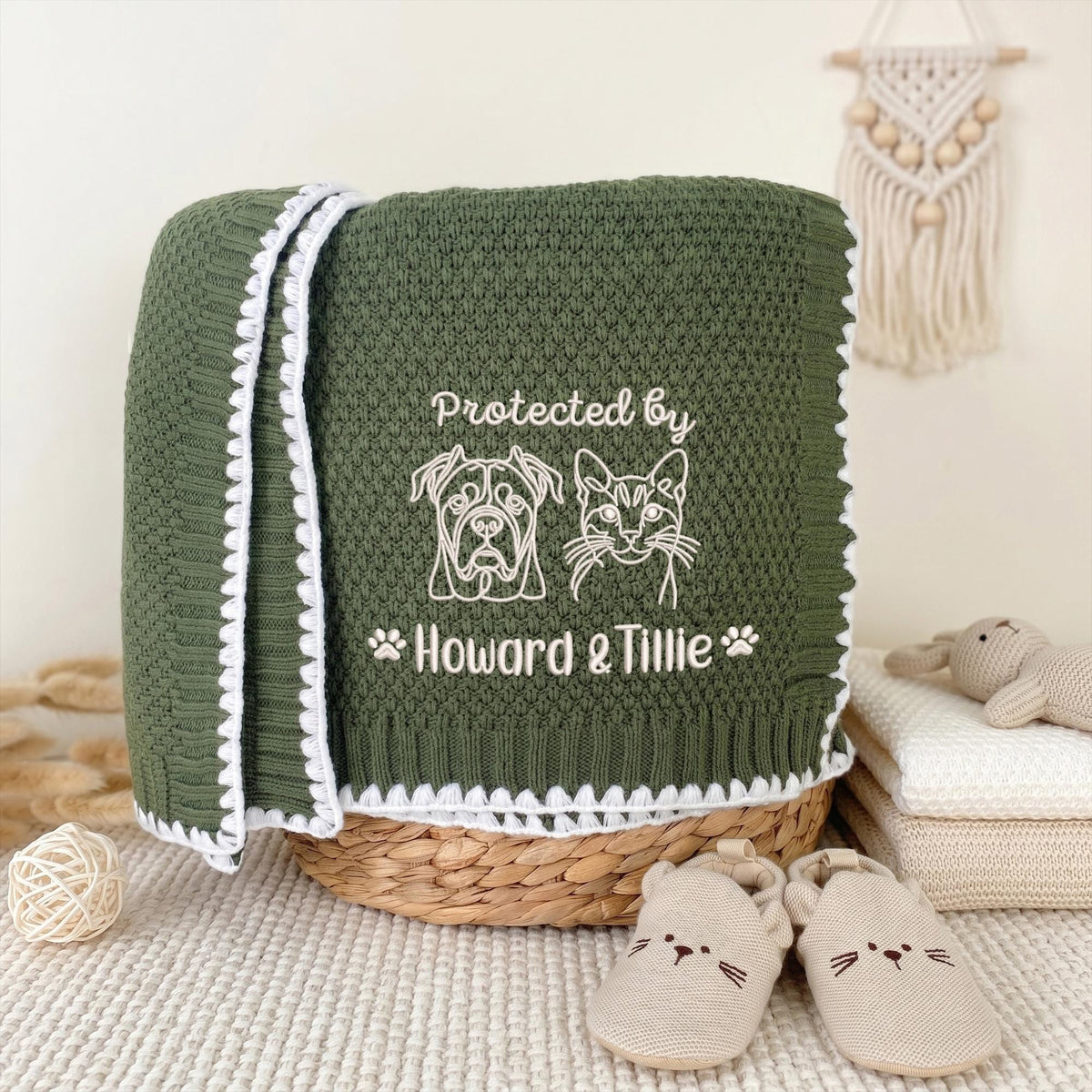 Olive green personalized pet portrait baby blanket with white embroidered dog, cat and pet names