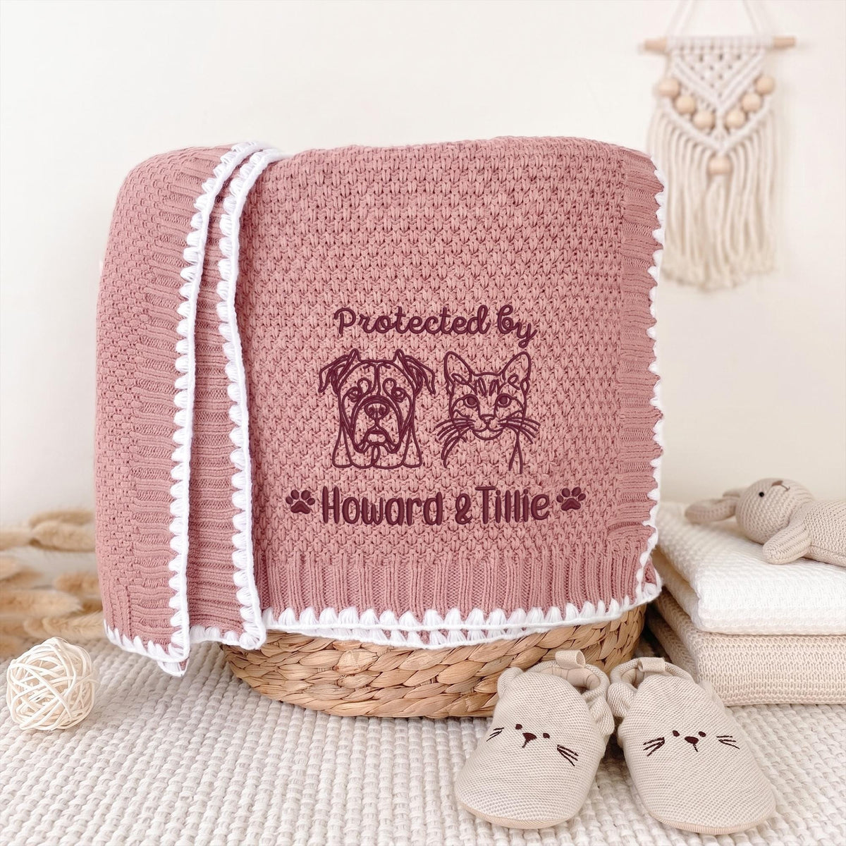 Pink personalized pet portrait baby blanket with embroidered dog, cat and pet names
