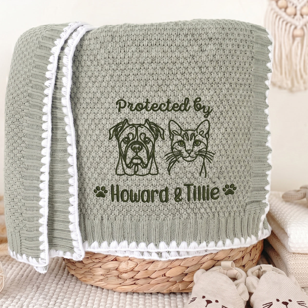 Sage green personalized pet portrait baby blanket with embroidered dog, cat and pet names
