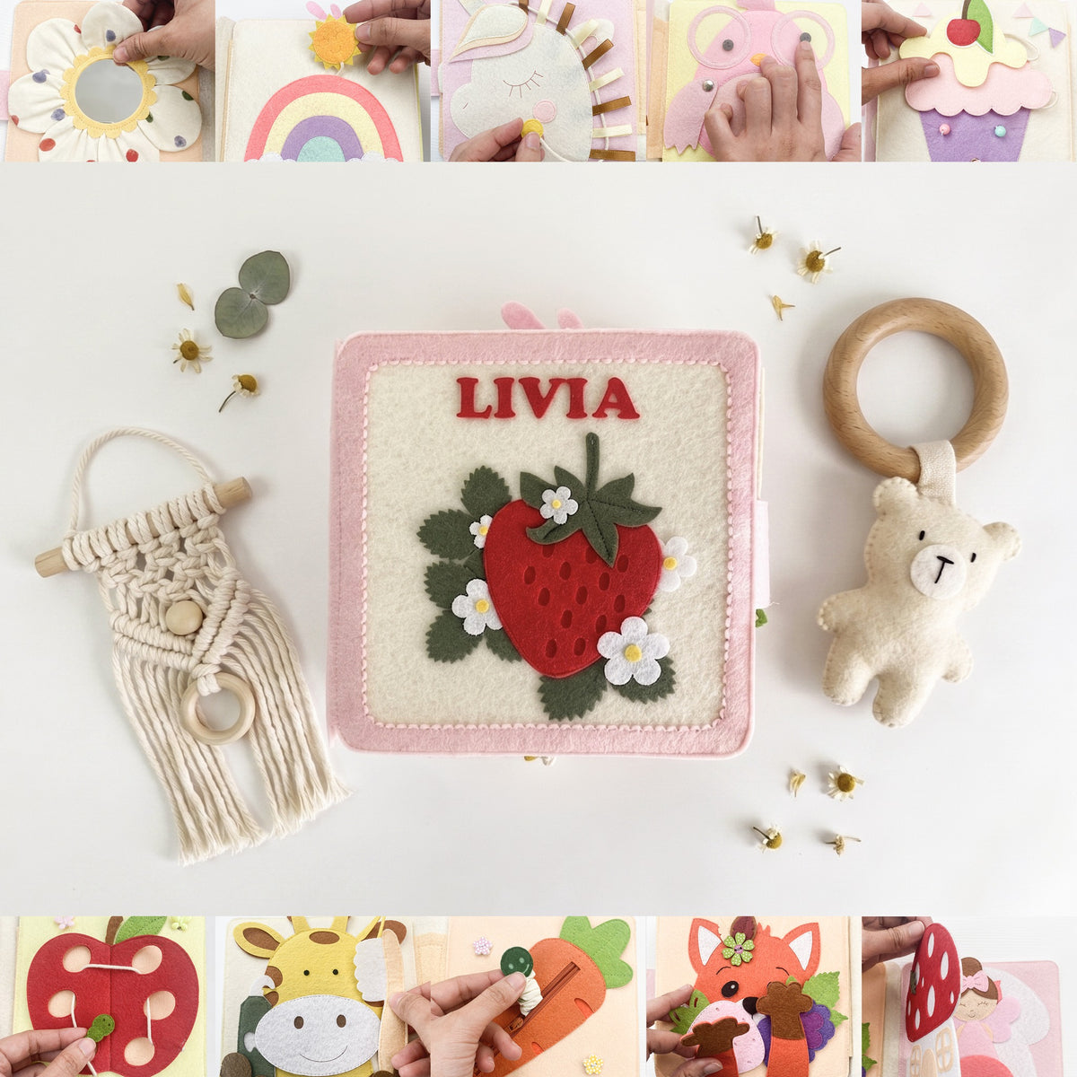 Personalized strawberry felt quiet book with name Livia, styled with its activity pages