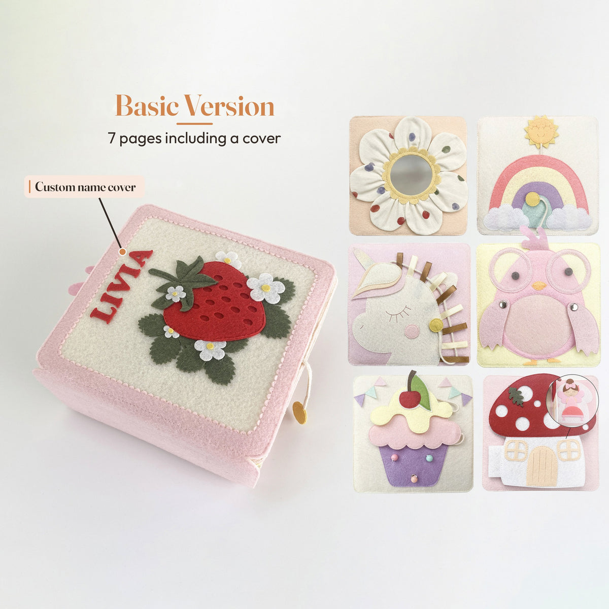 Basic version strawberry felt quiet book: custom name cover plus 6 activity pages, 7 pages total