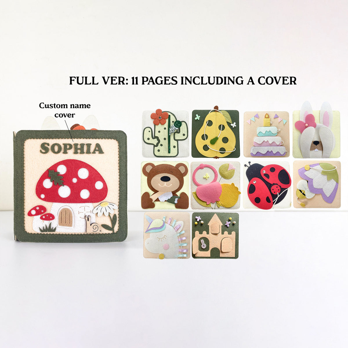 Full version mushroom fairy garden felt quiet book: custom name cover plus 10 activity pages, 11 pages total