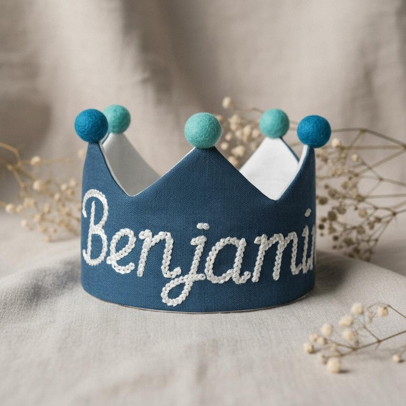 Embroidered custom name first birthday crown to celebrate a baby milestone first birthday