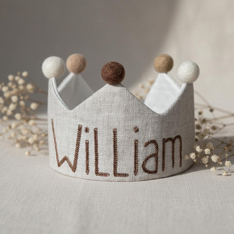Embroidered custom name first birthday crown as a thoughtful 1st birthday gift for baby