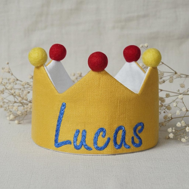 Embroidered custom name first birthday crown for baby boy among the best first birthday gifts