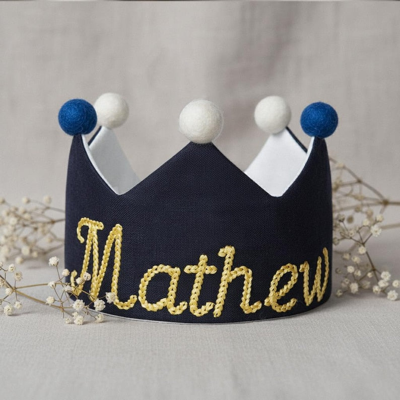 Embroidered custom name first birthday crown keepsake for a special 1st birthday gift