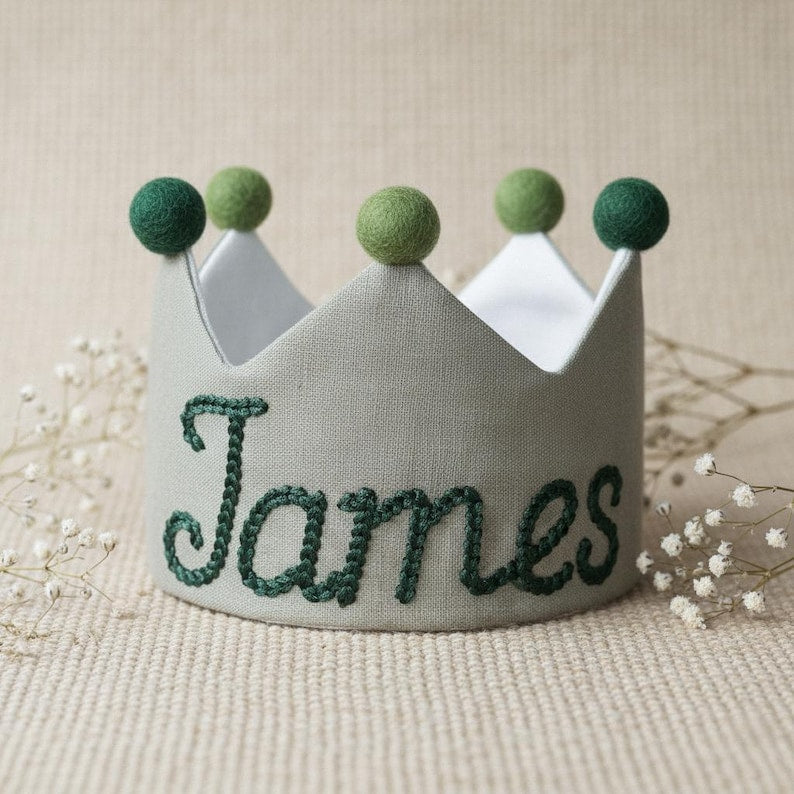 Embroidered custom name first birthday crown as a 1st birthday gift for baby boy