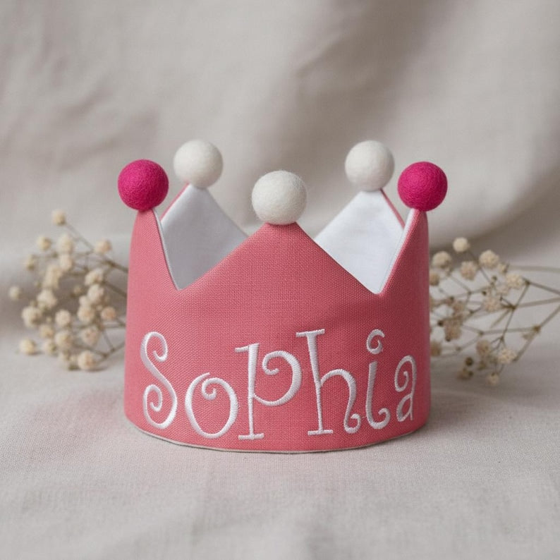 Embroidered custom name first birthday crown as a timeless baby keepsake gift