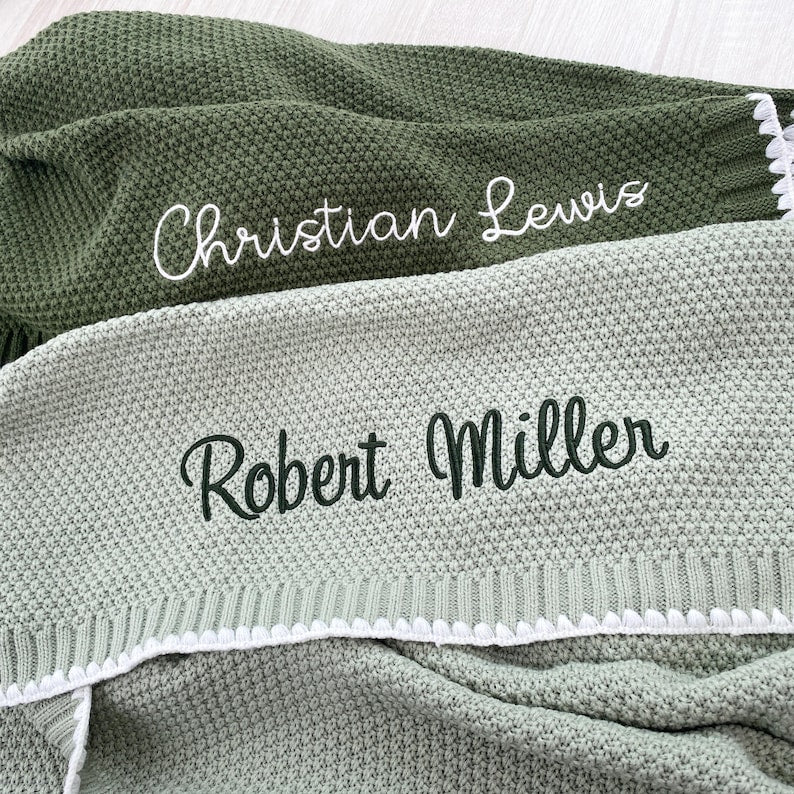 Custom name cotton knitted embroidered blankets as baby gifts