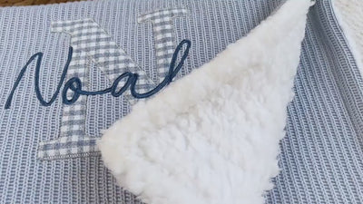 Personalized sherpa baby blanket with applique letter and embroidered name